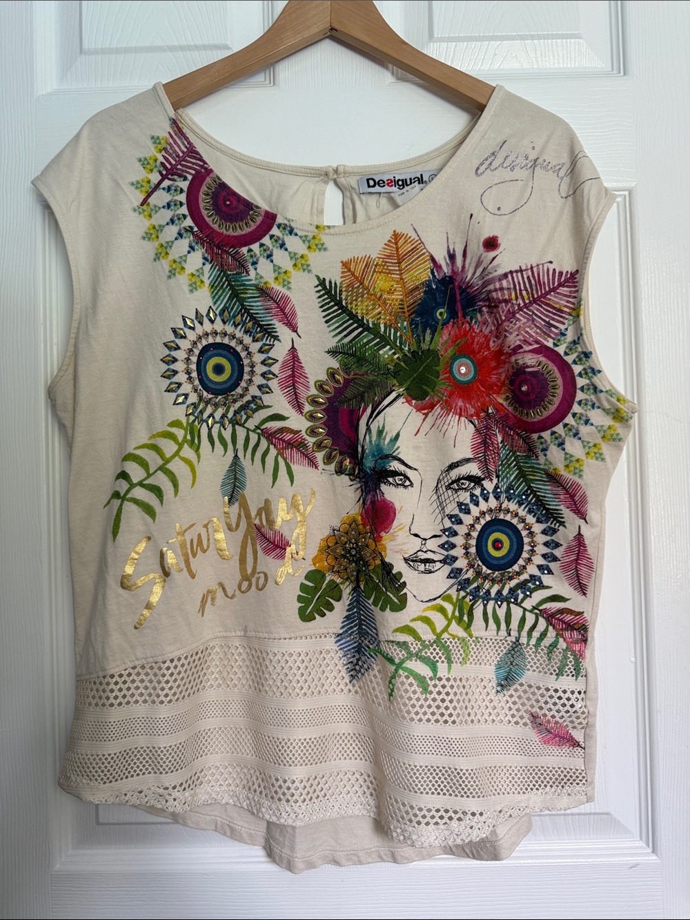 Desigual Graphic Floral Crochet Hem Tank Top Cream Multicolor Gold Accents US L